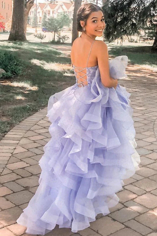 Wholesale A Line Lavender Spaghetti Straps Sequins Long Prom Dress with Ruffles
